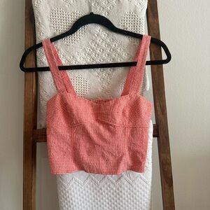 NWOT Zara Red & White Gingham Cotton Blend Smocked Detailed Top